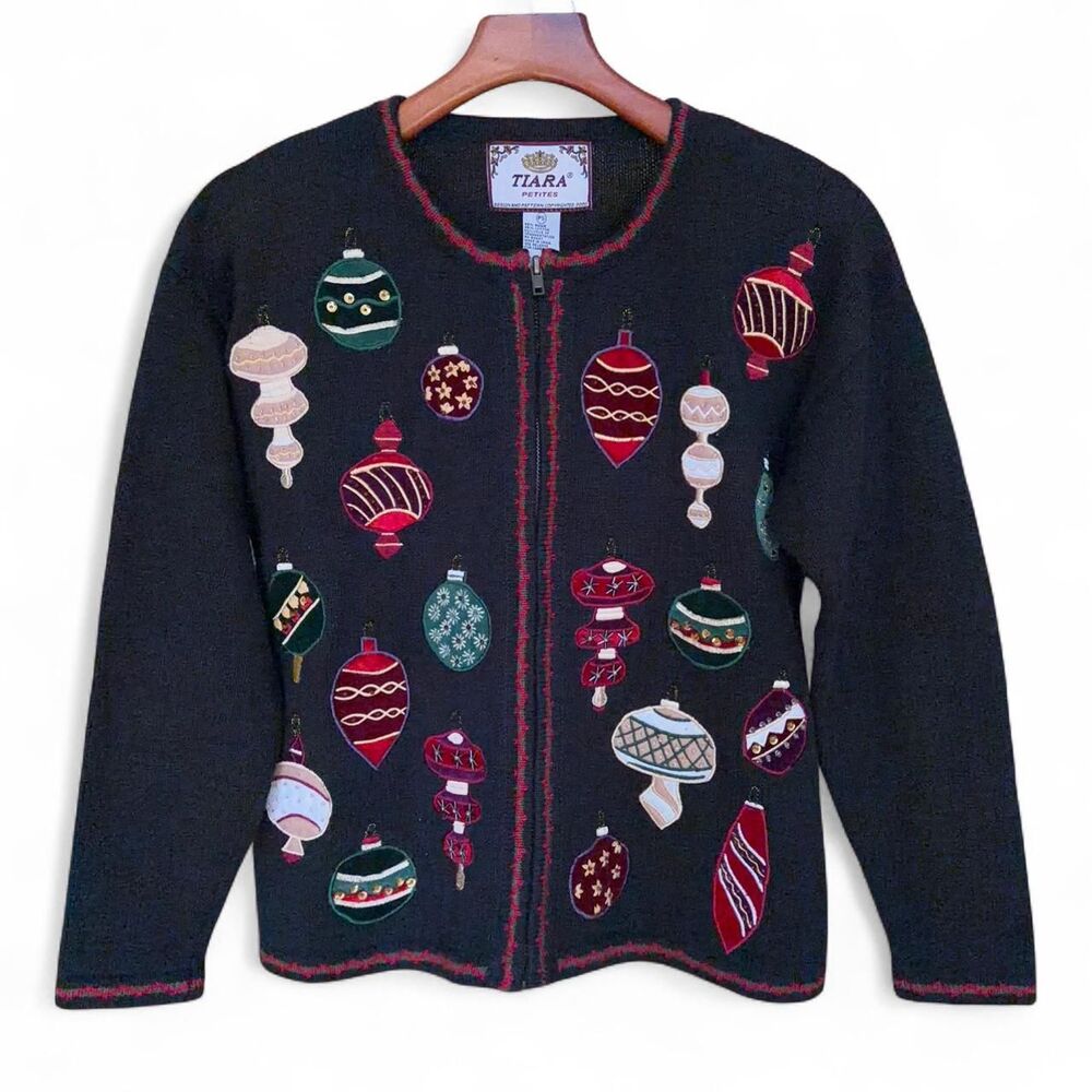 Vintage Tiara Black Christmas ornament zip up cardigan size PS